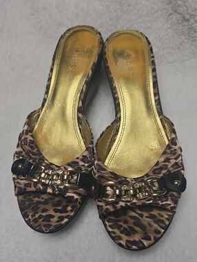 GUESS Leopard-Print Slide Mules in Gold and Brown